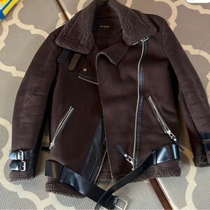 Dark Brown Shearling Moto Jacket with Black Details